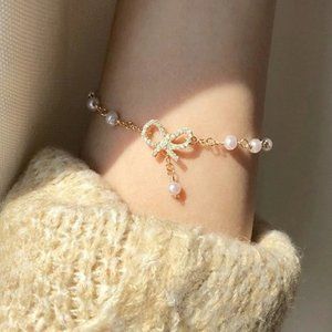 NEW Yellow Gold Diamond Bow Knot Pearl Bracelet